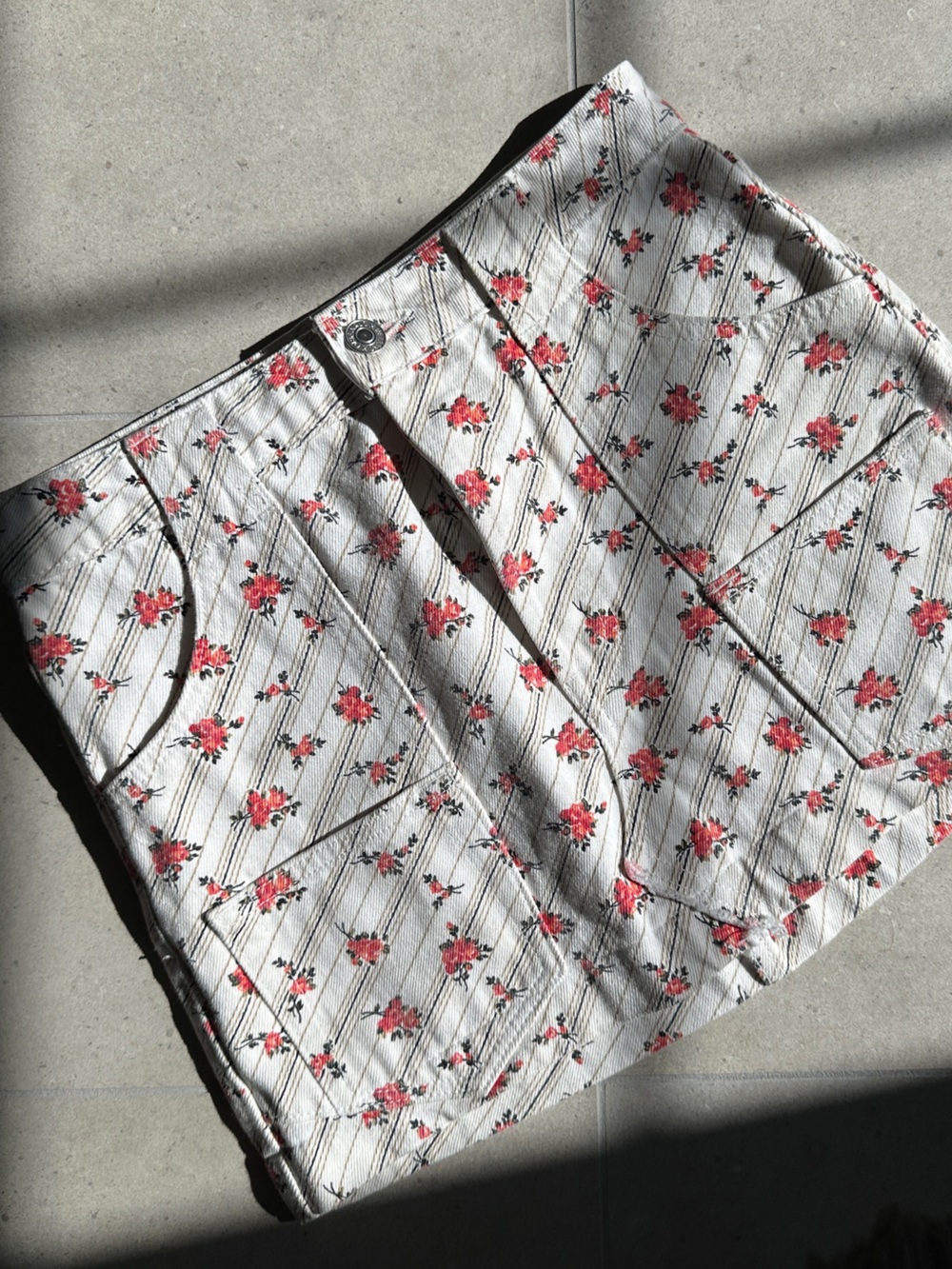 Re/Done White Mini Skirt with Pink Rose Print